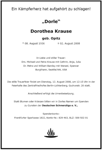 Kondolenzschreiben f&uuml;r Dorle